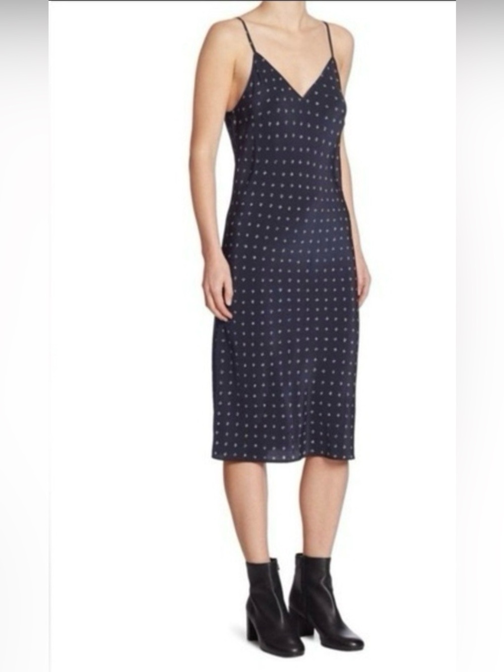 Vince 100% Silk Polka Dot Slip Dress Navy Blue Midi V-Neck
